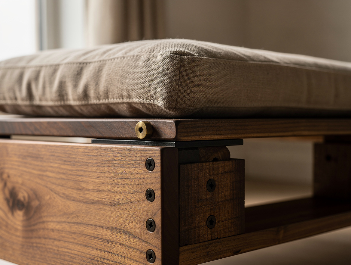 Close-up editorial photo of planed pallet wood with matte walnut finish, hidden