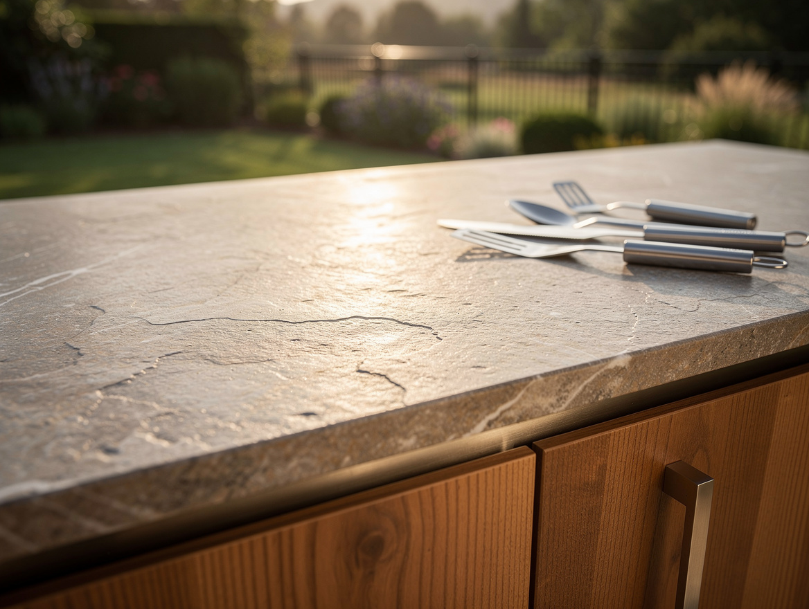 Close-up editorial photo of a textured honed stone outdoor countertop with grill