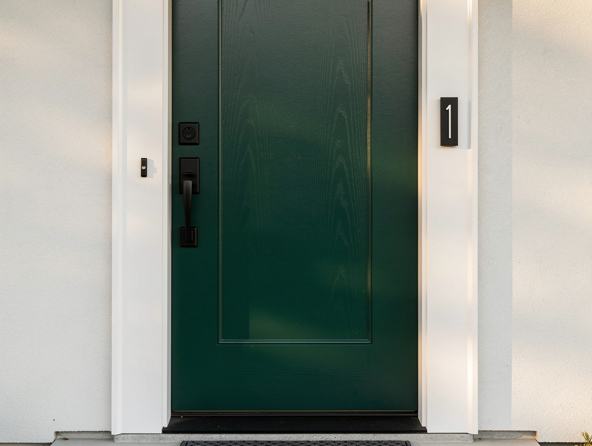 Close-up editorial exterior photo of a deep green front door with thick white tr