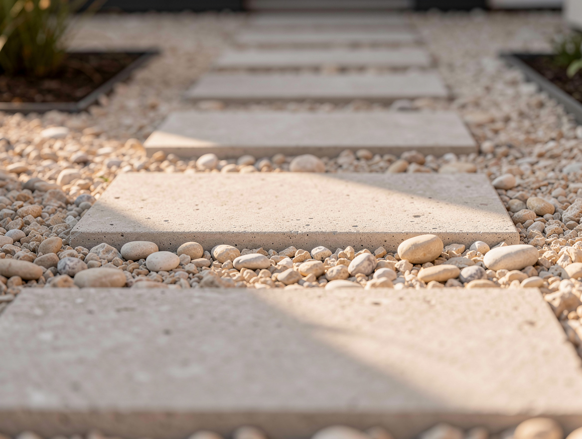 Close-up editorial photo of pale concrete stepping stones set in pea gravel, cri