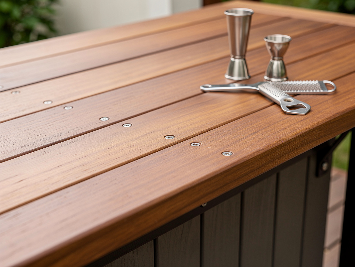 Close-up editorial photo of a hand-sanded wooden outdoor bar top with exterior s