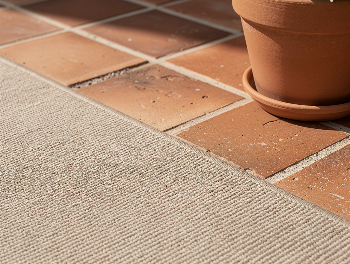 Close-up editorial detail of hand-cleaned terracotta patio tiles beside a neutra