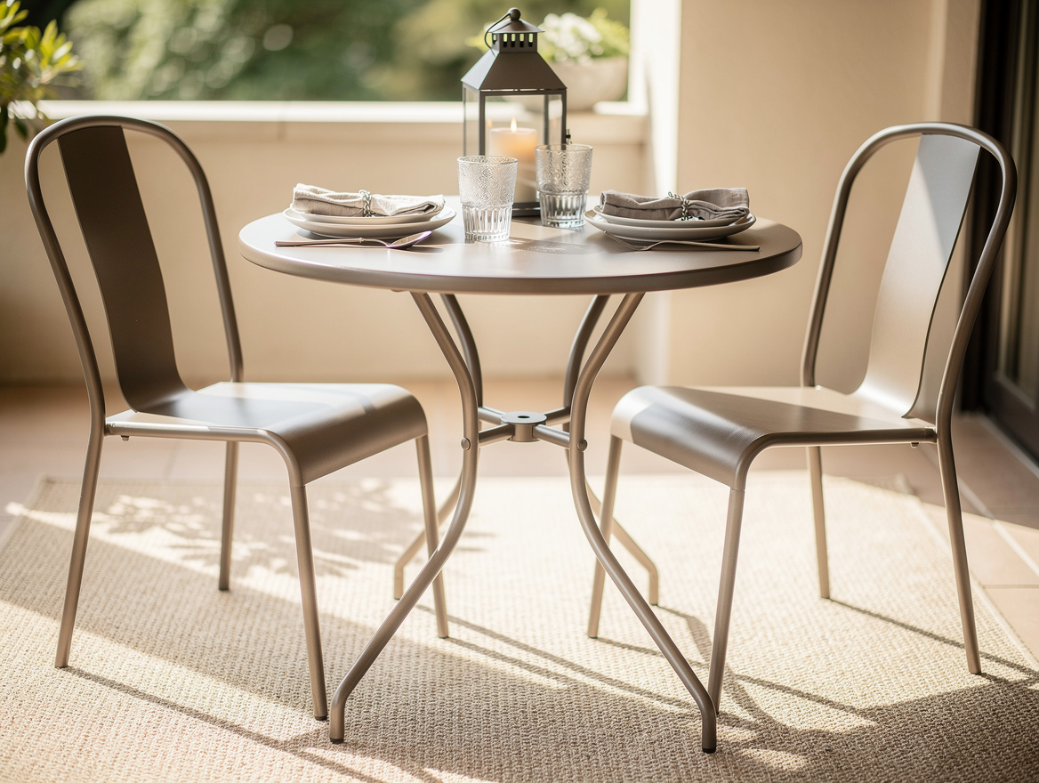 Close-up editorial photo of a round outdoor bistro table set for two on a flat-w