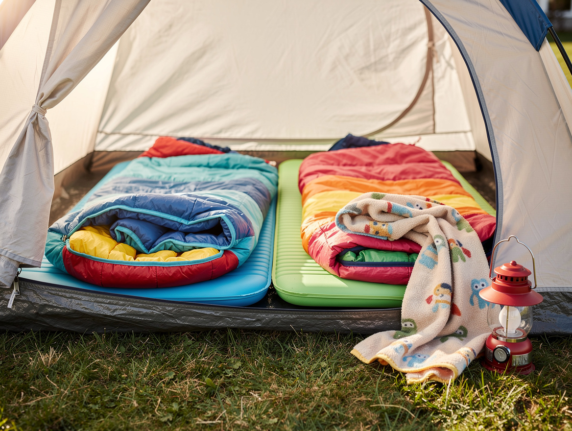 Close-up editorial photo of kids camping gear arranged in a backyard tent, sleep