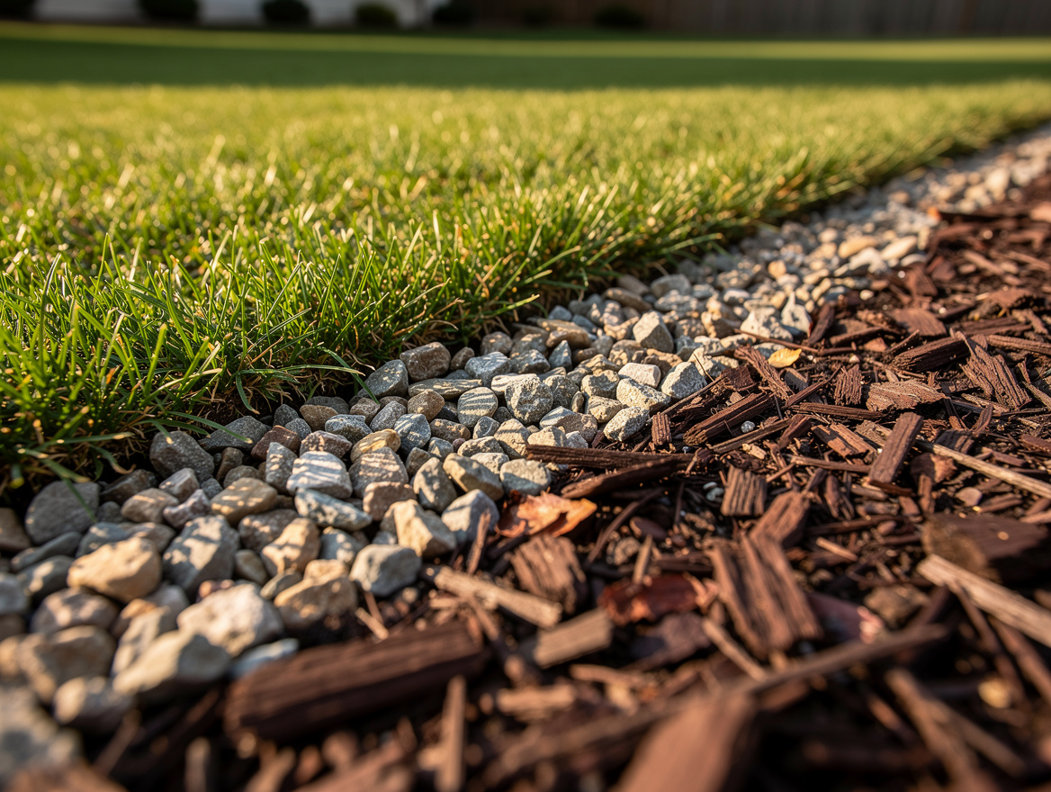 Close-up editorial photo of clean gravel edging beside fresh sod and dark mulch