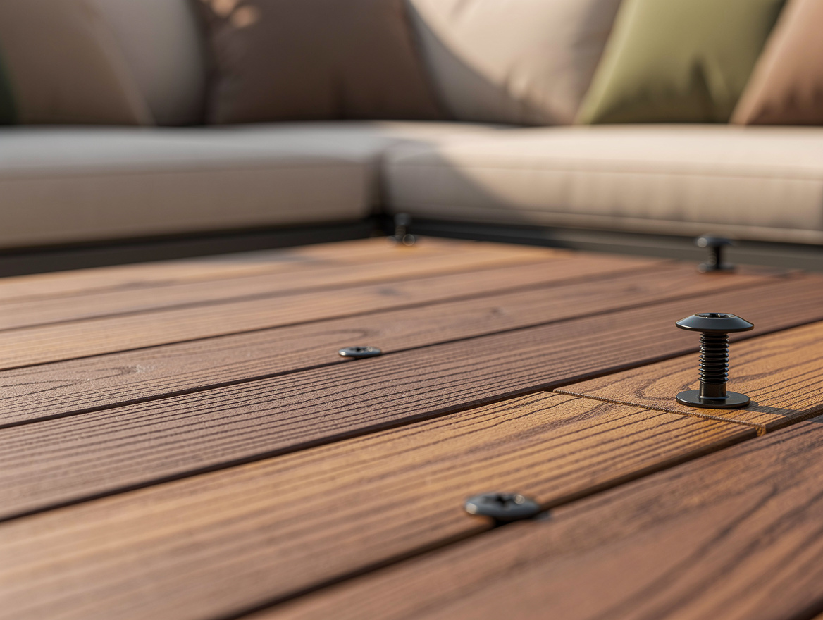 Close-up detail of warm composite decking with black hardware and earth-tone out