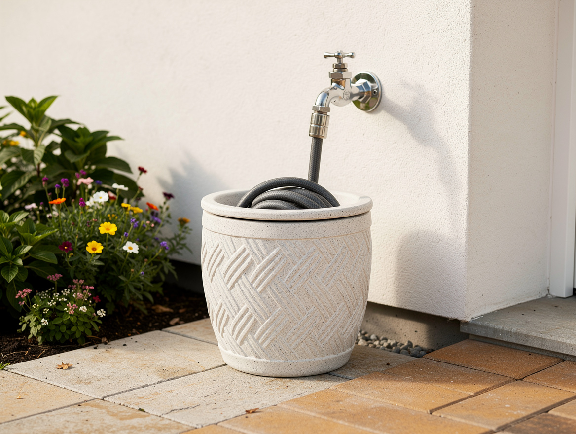 Close-up editorial photo of a decorative resin hose pot beside a patio spigot, c