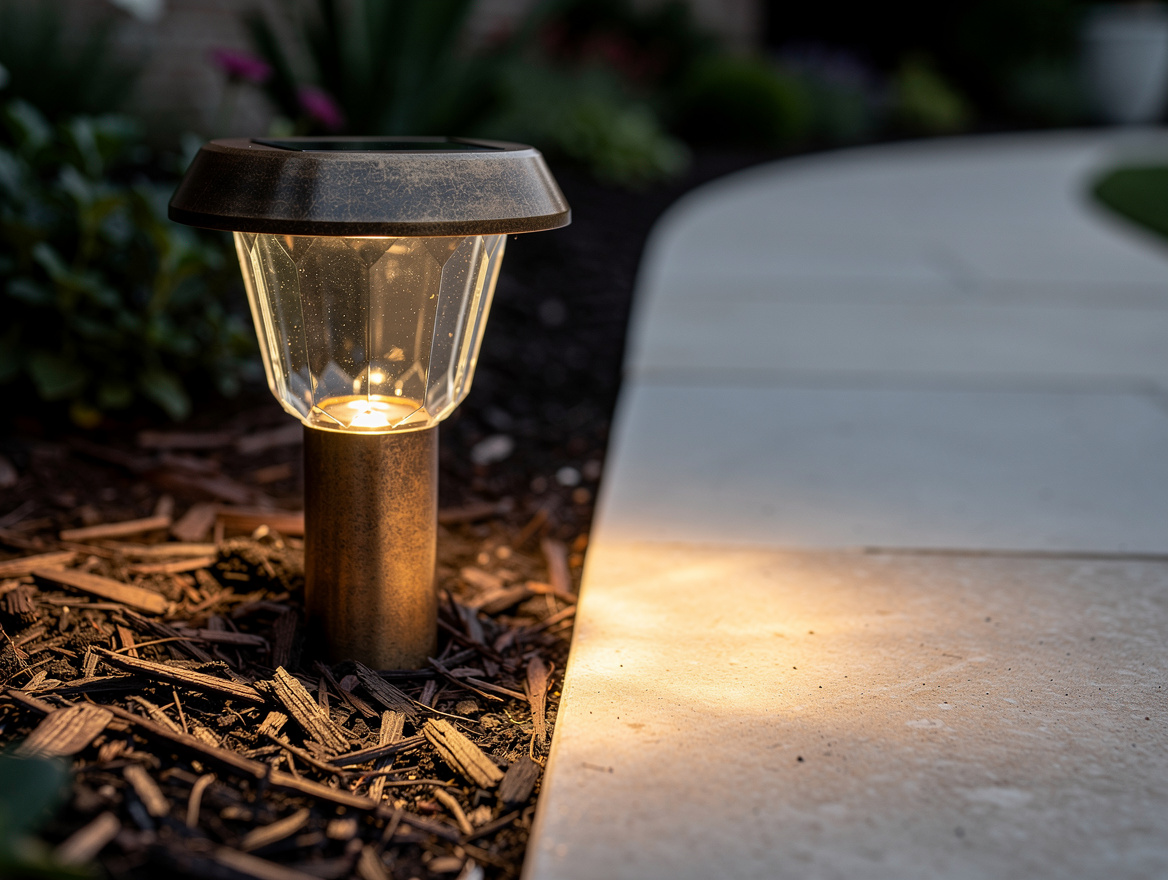 Close-up editorial photo of a warm white solar path light with a bronze metal bo