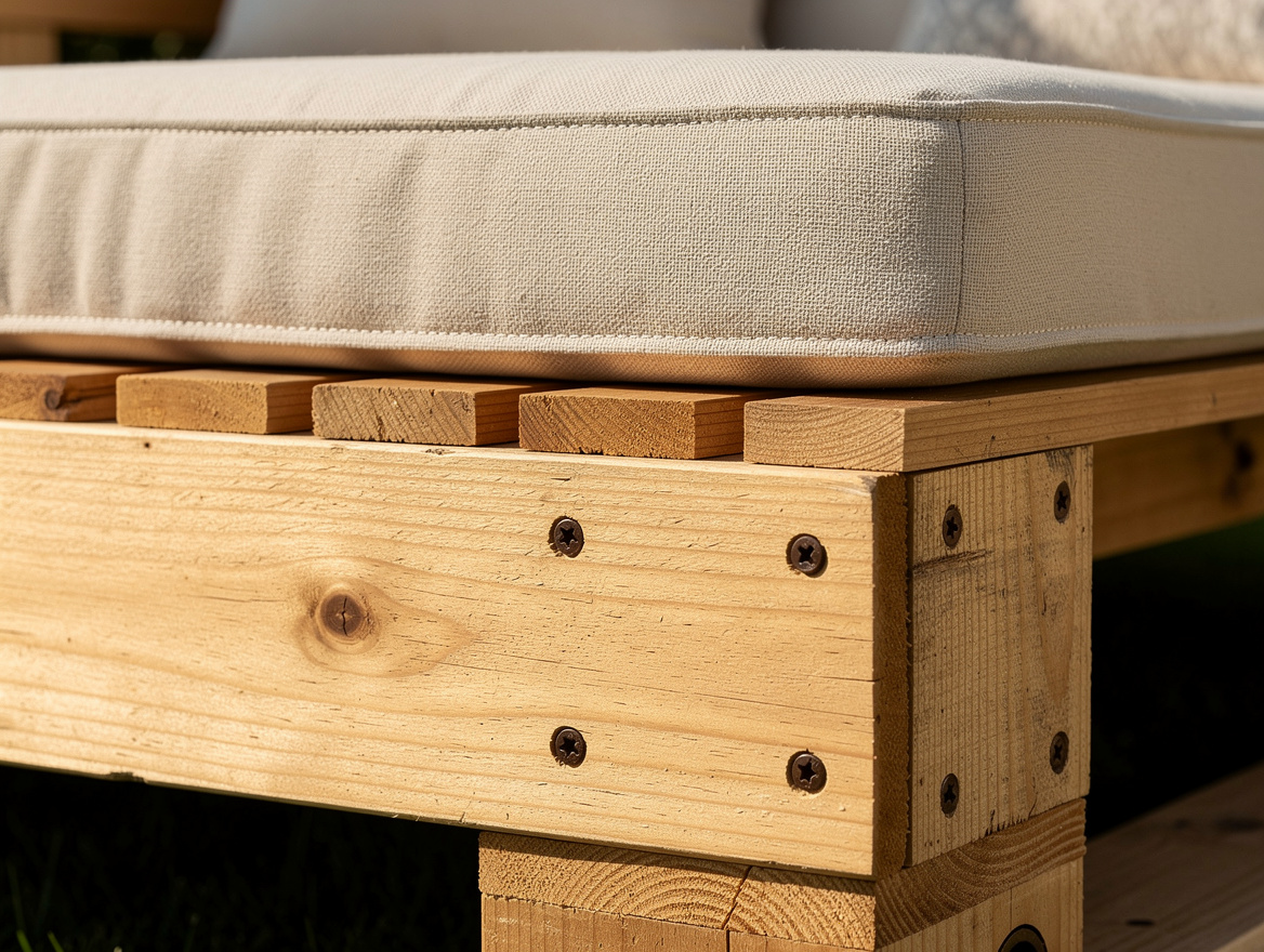 Close-up detail of a rebuilt outdoor daybed base with fresh cladding over an old
