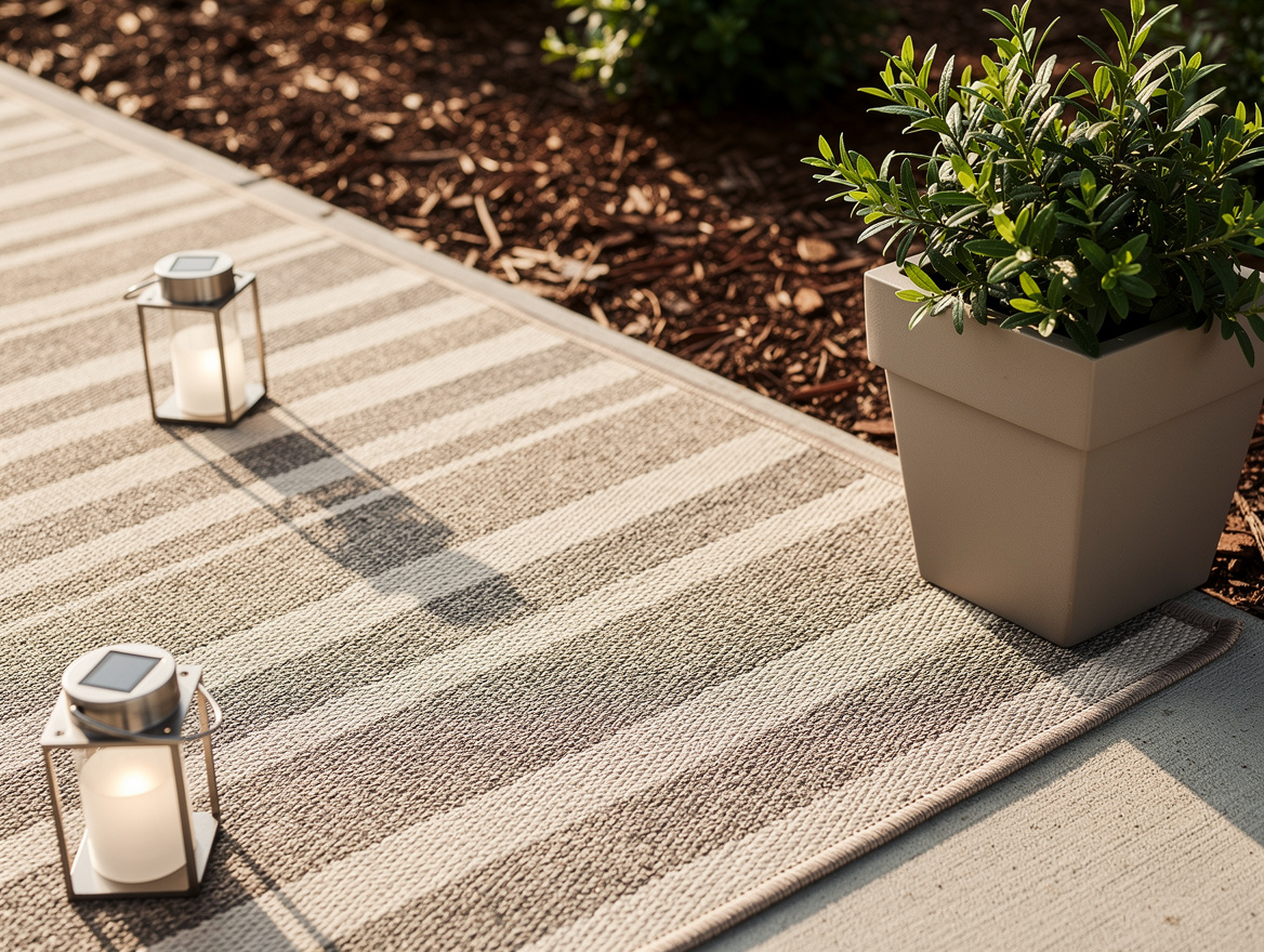 Close-up editorial photo of a backyard patio corner with a striped outdoor rug,