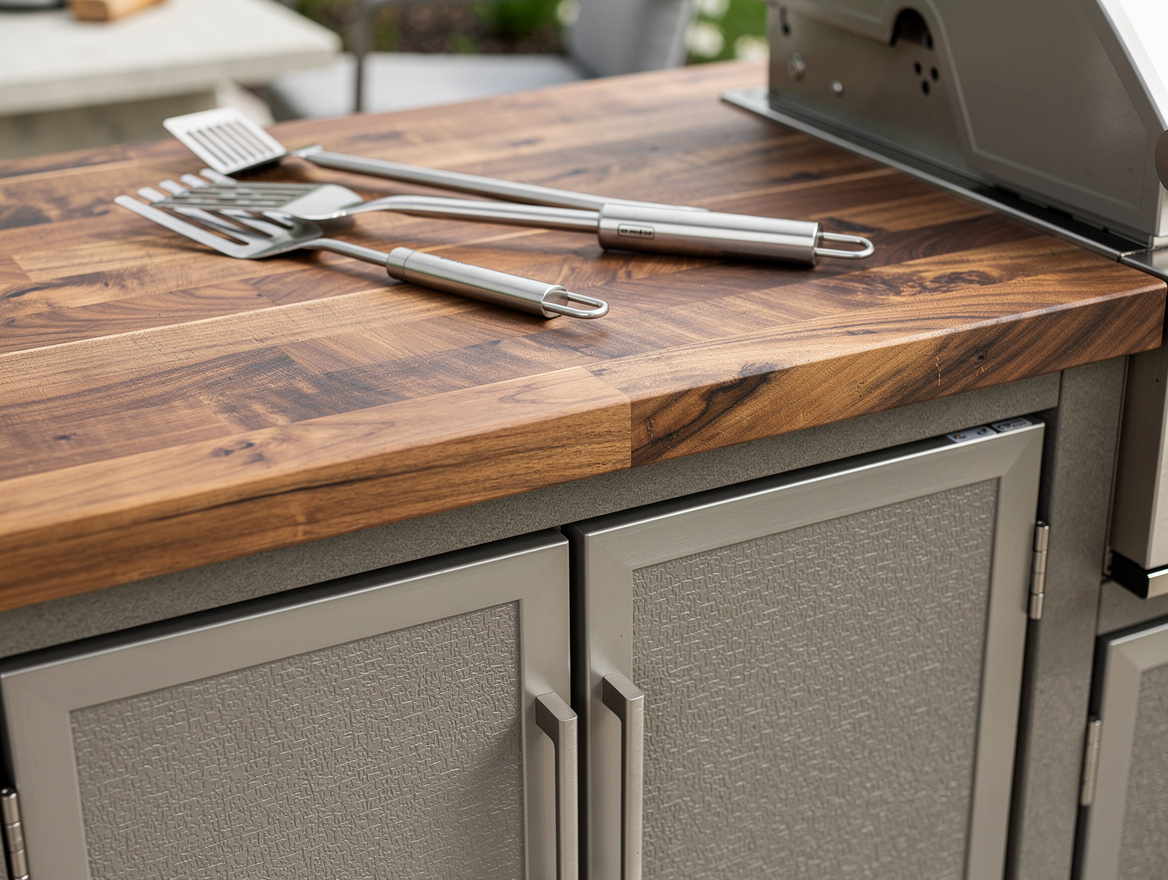 Close-up editorial photo of an outdoor kitchen work surface with sealed butcher