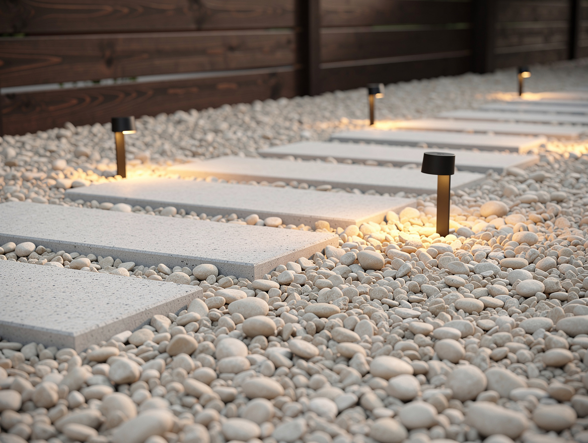 Close-up detail of pale pea gravel with rectangular concrete stepping stones and