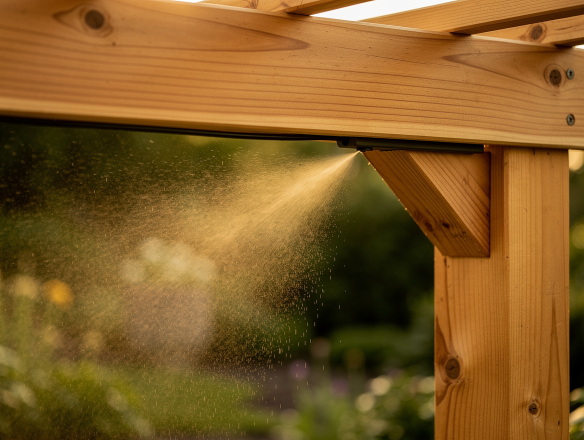 Close detail photo of a cedar arbor corner with hidden misting line clipped unde