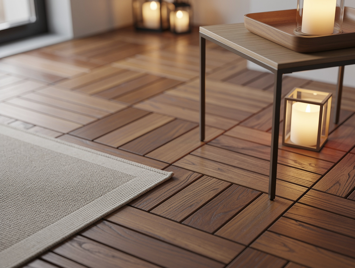 Close-up editorial detail of a rental balcony floor with interlocking wood deck