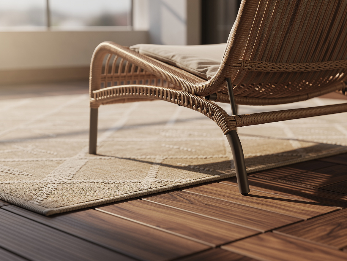 Close detail photo of a rattan lounge chair on wood deck tiles with a sandy beig