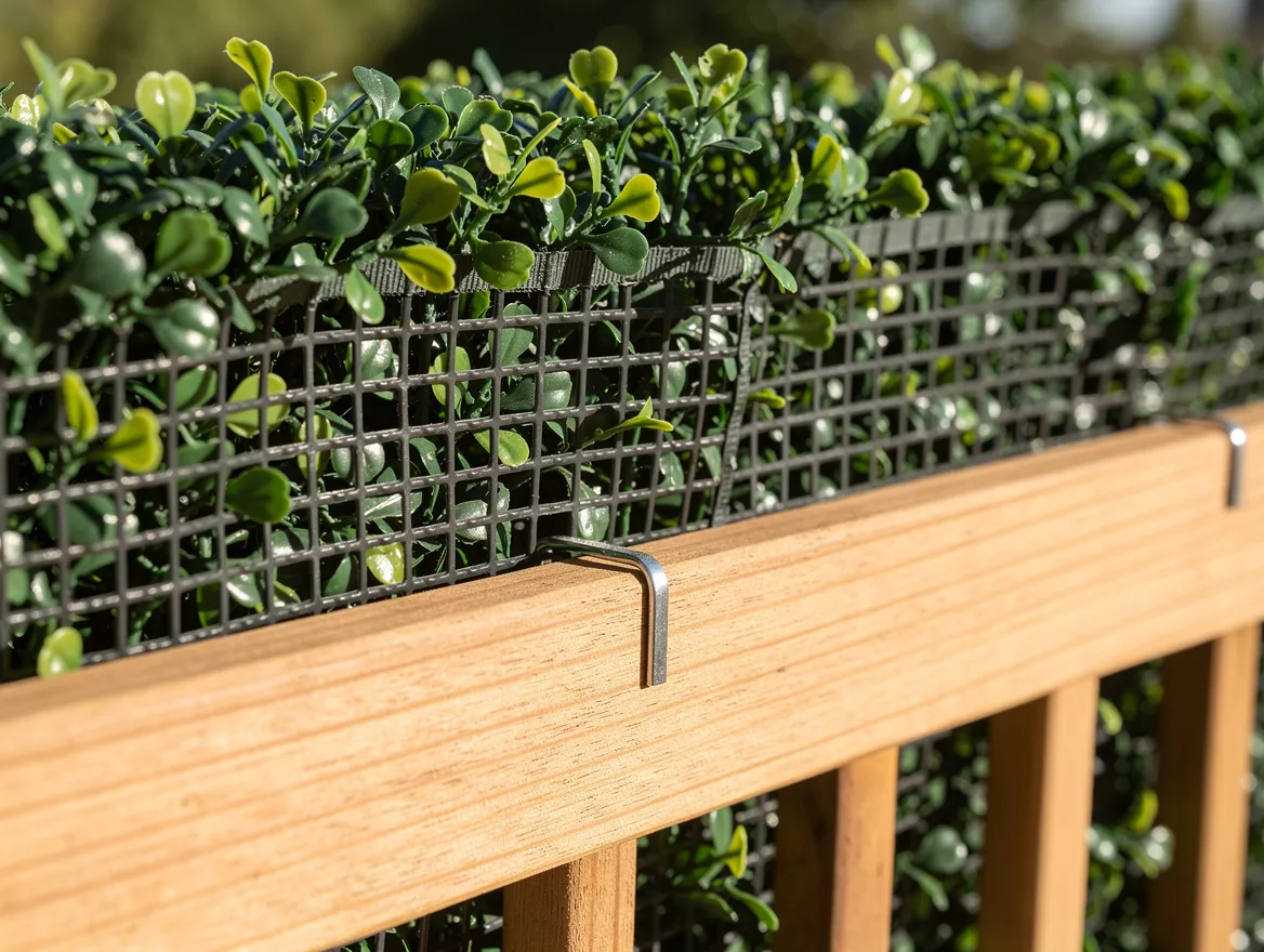 close-up detail of PE faux boxwood panel texture clipped onto treated wood frame