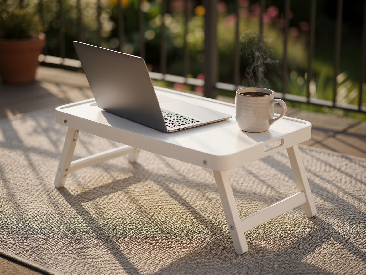 Realistic close-up editorial photo of a small outdoor workspace detail, laptop o