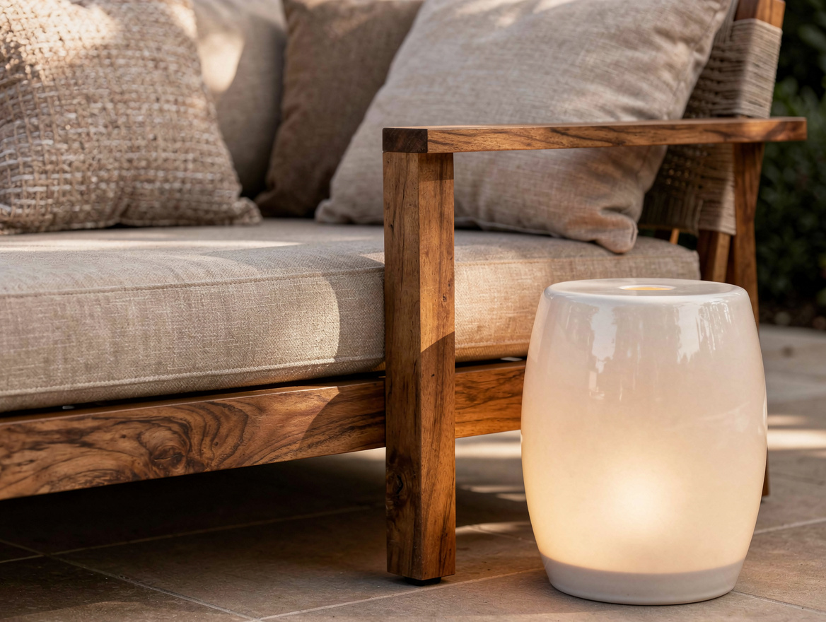 Close-up editorial photo of a ceramic garden stool beside low acacia outdoor sea
