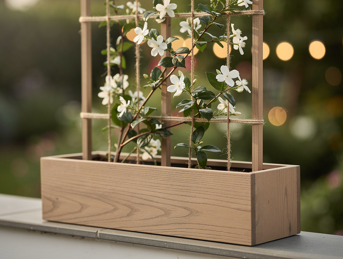 Close-up editorial photo of a wooden planter with a trellis, climbing jasmine, j