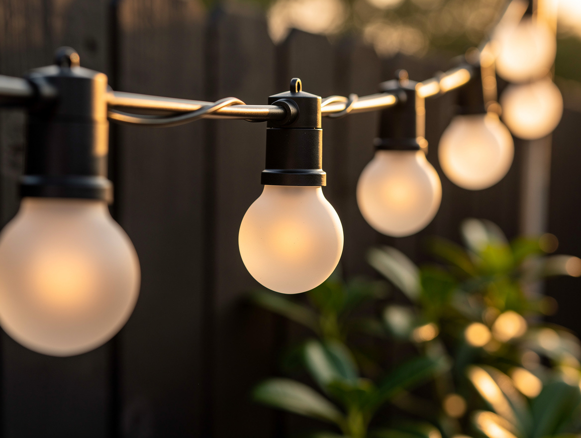 Close-up detail photo of warm frosted patio string bulbs against a dark fence, m