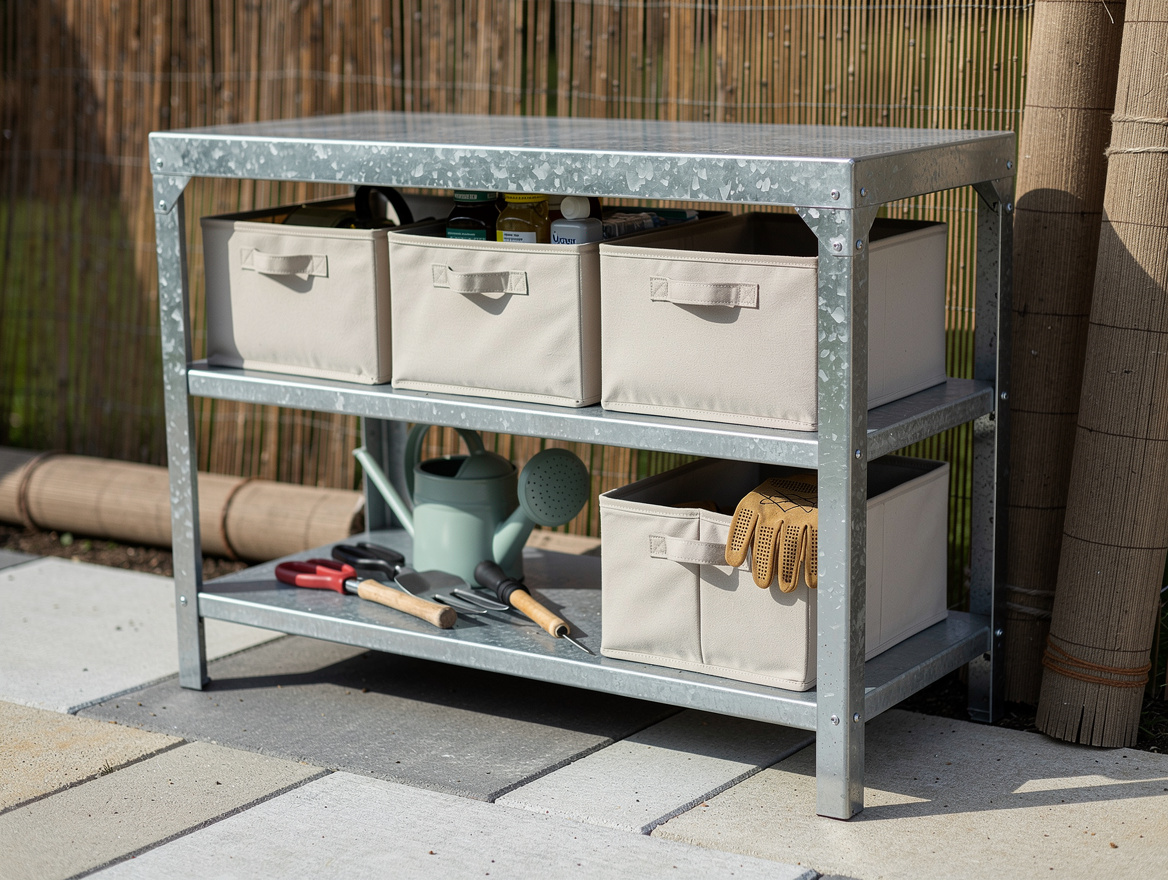 Close-up detail of a galvanized outdoor shelf with fabric bins, bamboo reed scre