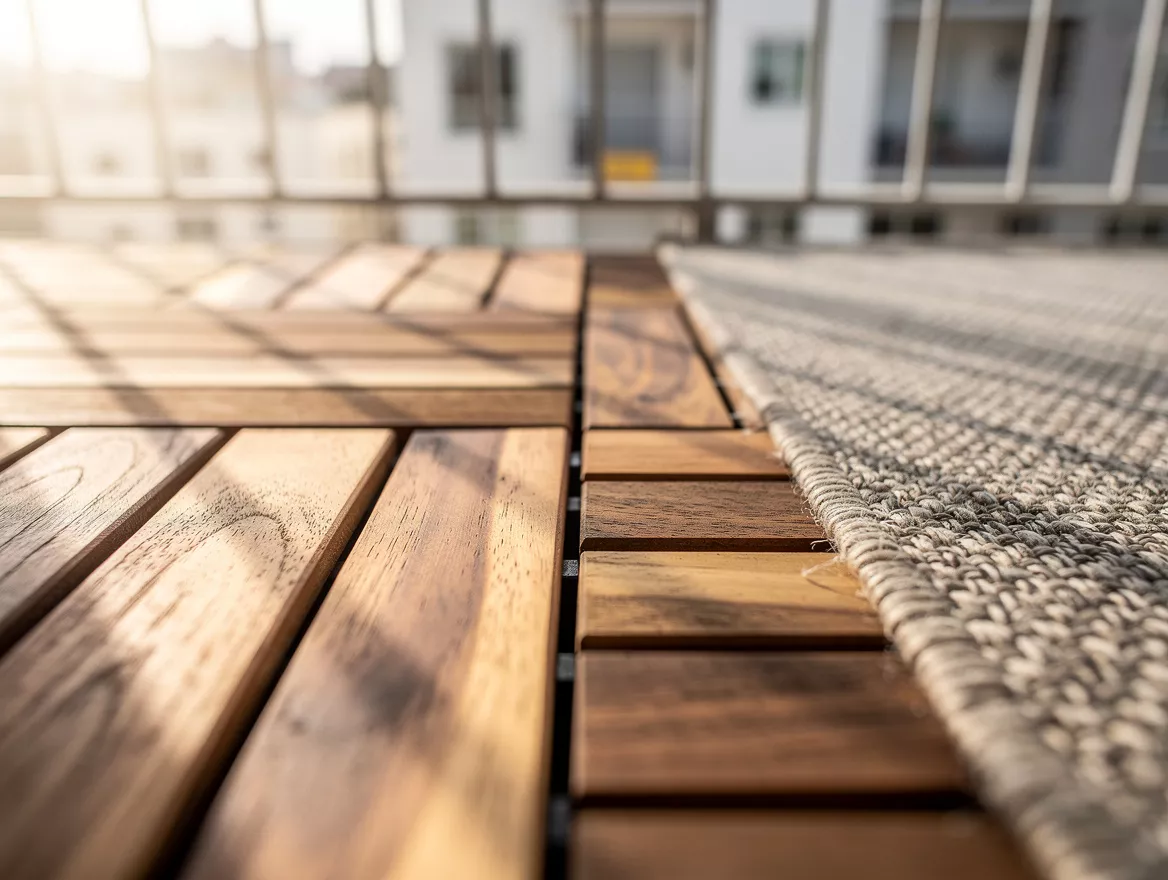 Close-up editorial photo of interlocking acacia deck tiles beside a woven outdoo