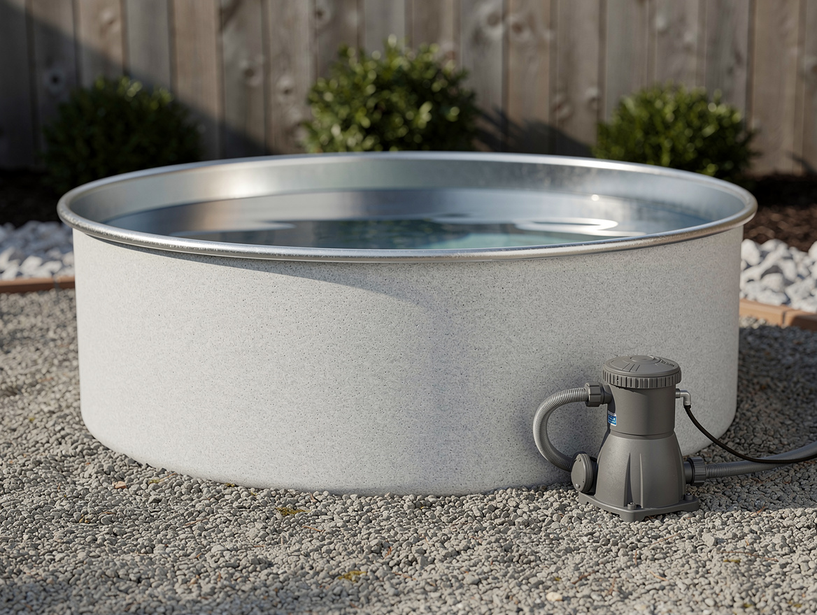Close-up editorial photo of a structural-foam stock tank plunge pool on a level