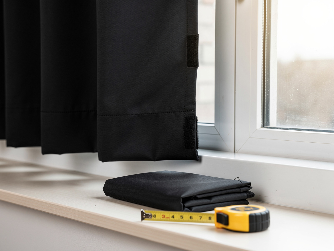 Editorial detail photo of a portable polyester blackout shade with hook-and-loop