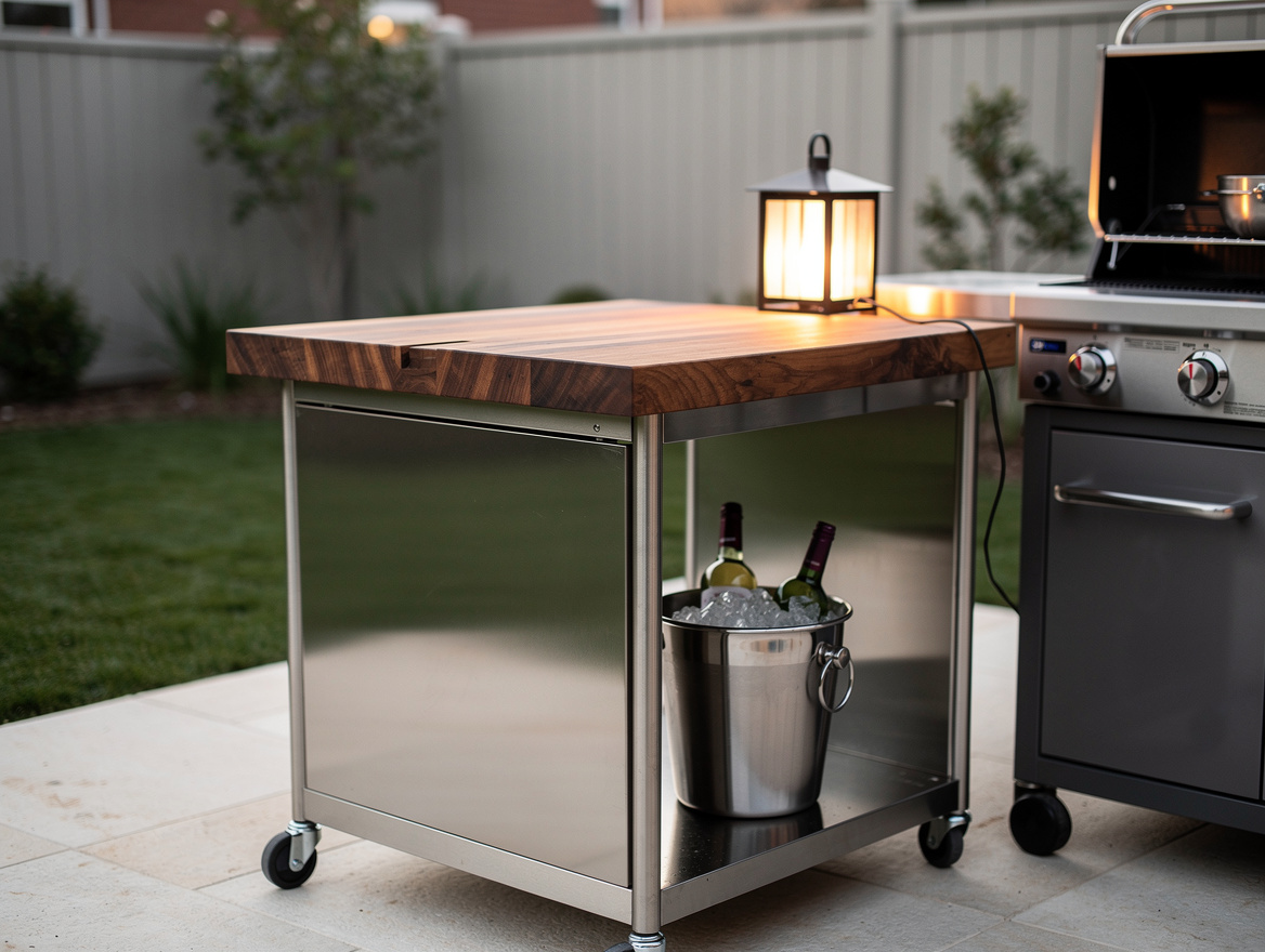 Close-up editorial detail of a compact grill station in a small yard, stainless