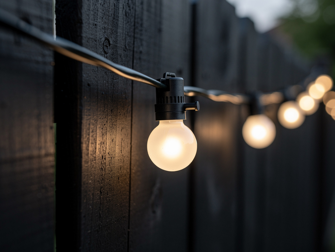 close-up detail of warm white solar café string lights on dark fence with black