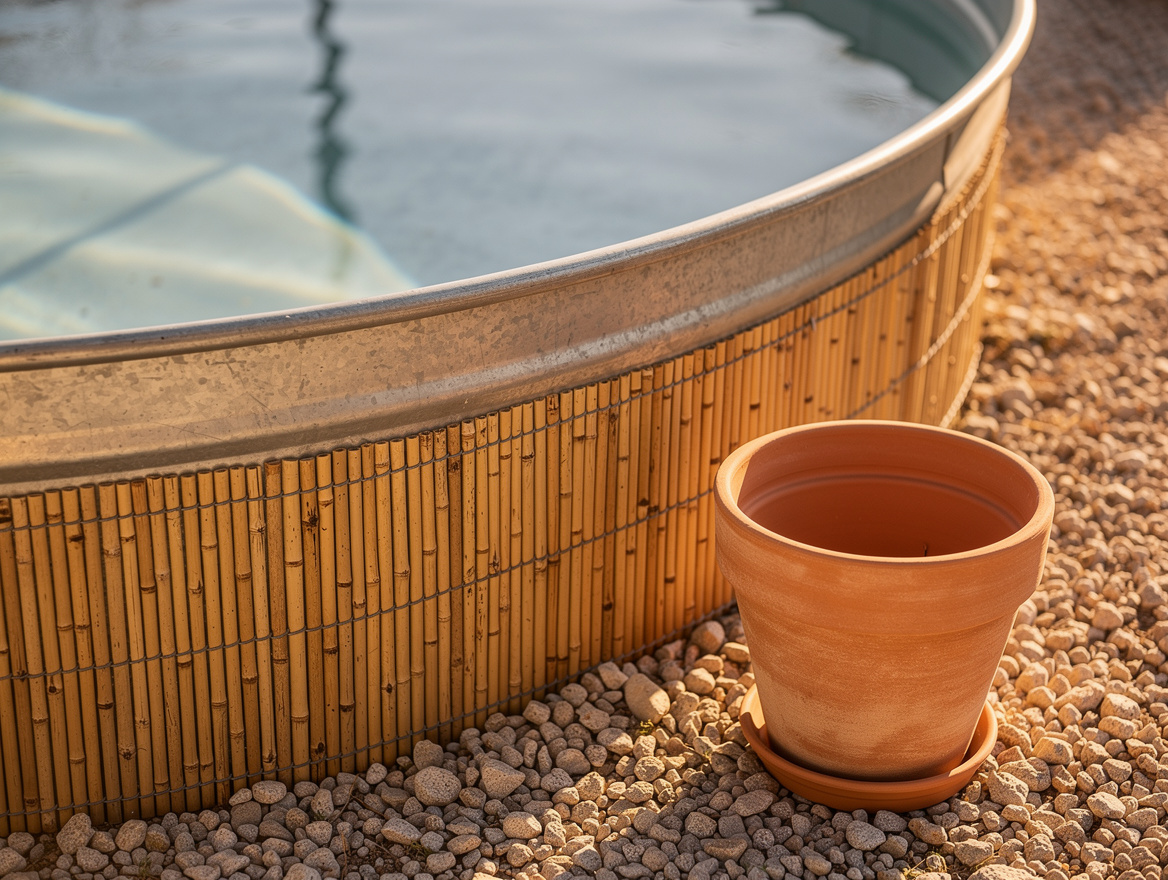 Close-up editorial photo of a galvanized stock tank pool edge with bamboo wrap,