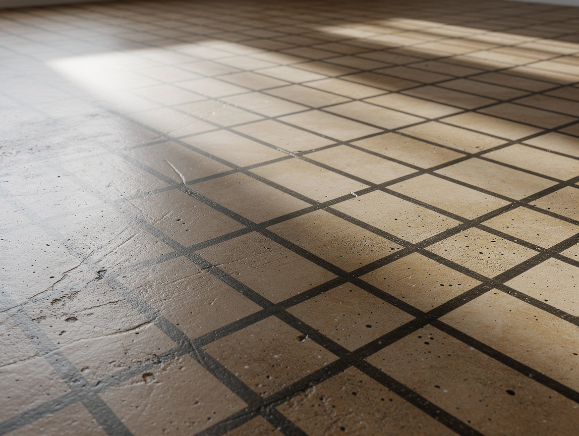 close-up detail of painted concrete floor with 24-inch grid pattern in sandstone