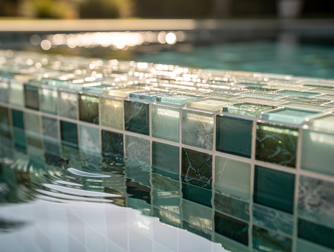 close-up detail of glass mosaic waterline tile on a small pool edge, water shimm