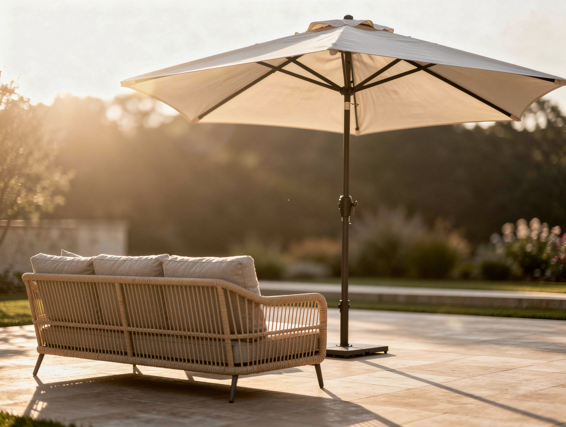 Realistic close-up photo of a 3x3 m cantilever umbrella casting soft shadow over