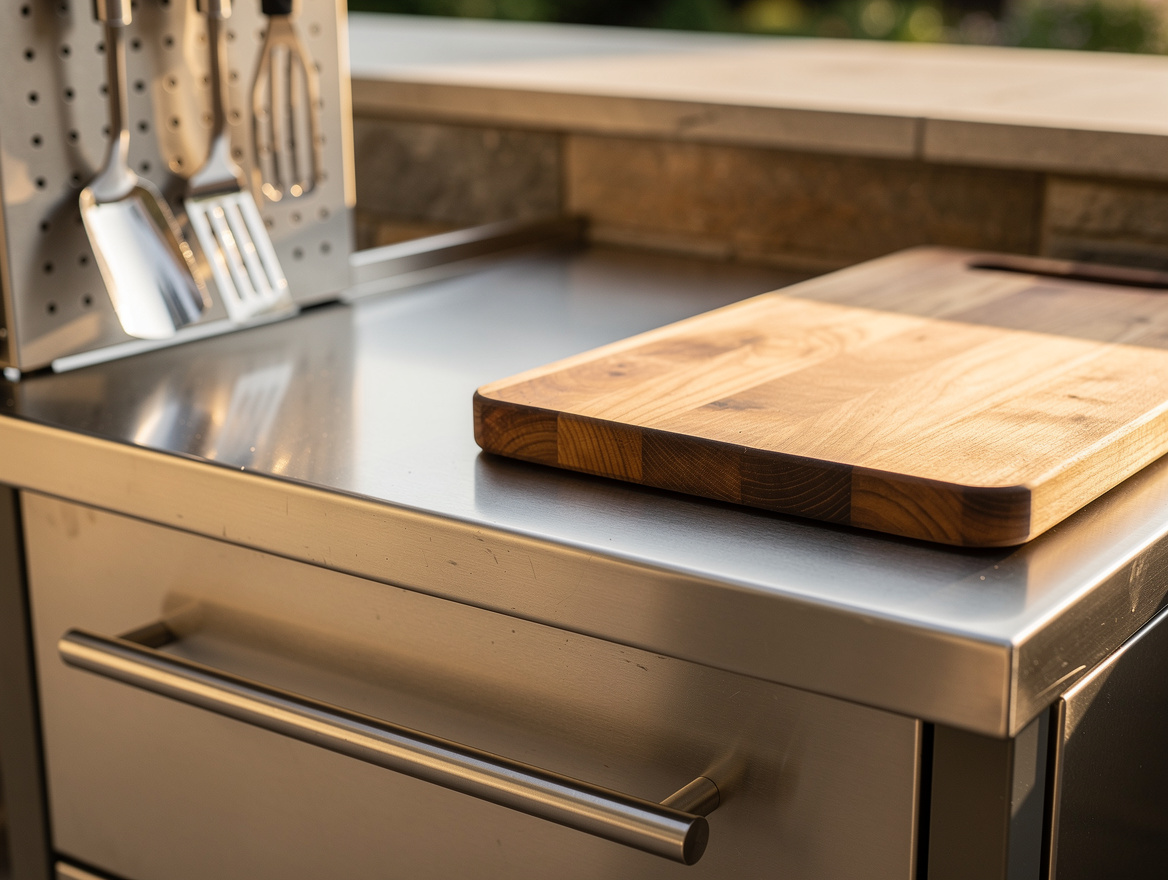 close-up detail of stainless steel grill cart top with wooden cutting board, gri