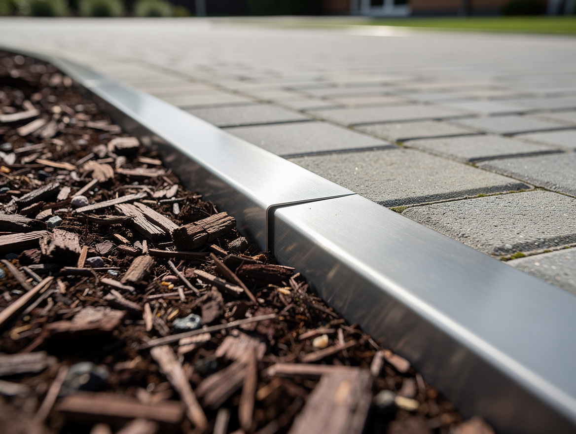 close-up detail of steel landscape edging separating mulch bed from paver walkwa