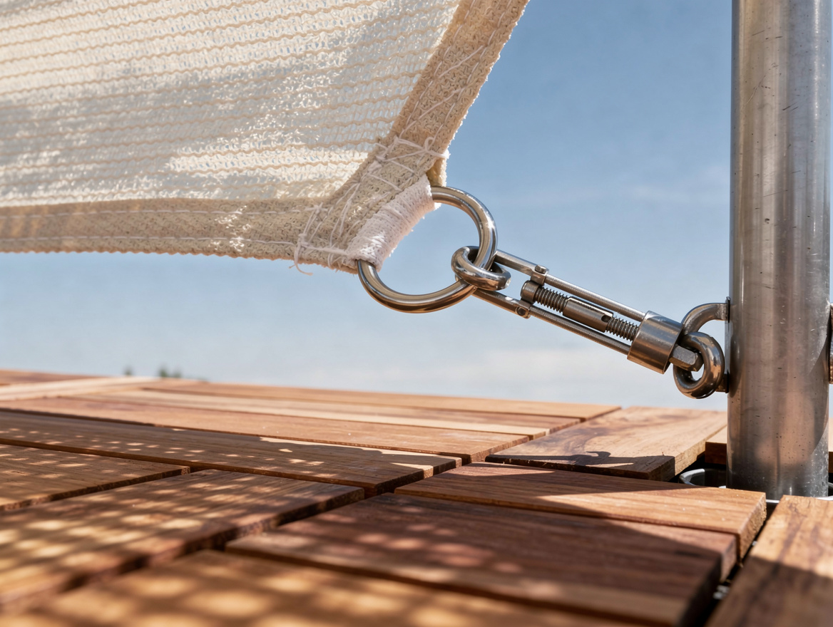close-up detail of HDPE shade sail hardware and breathable mesh texture against