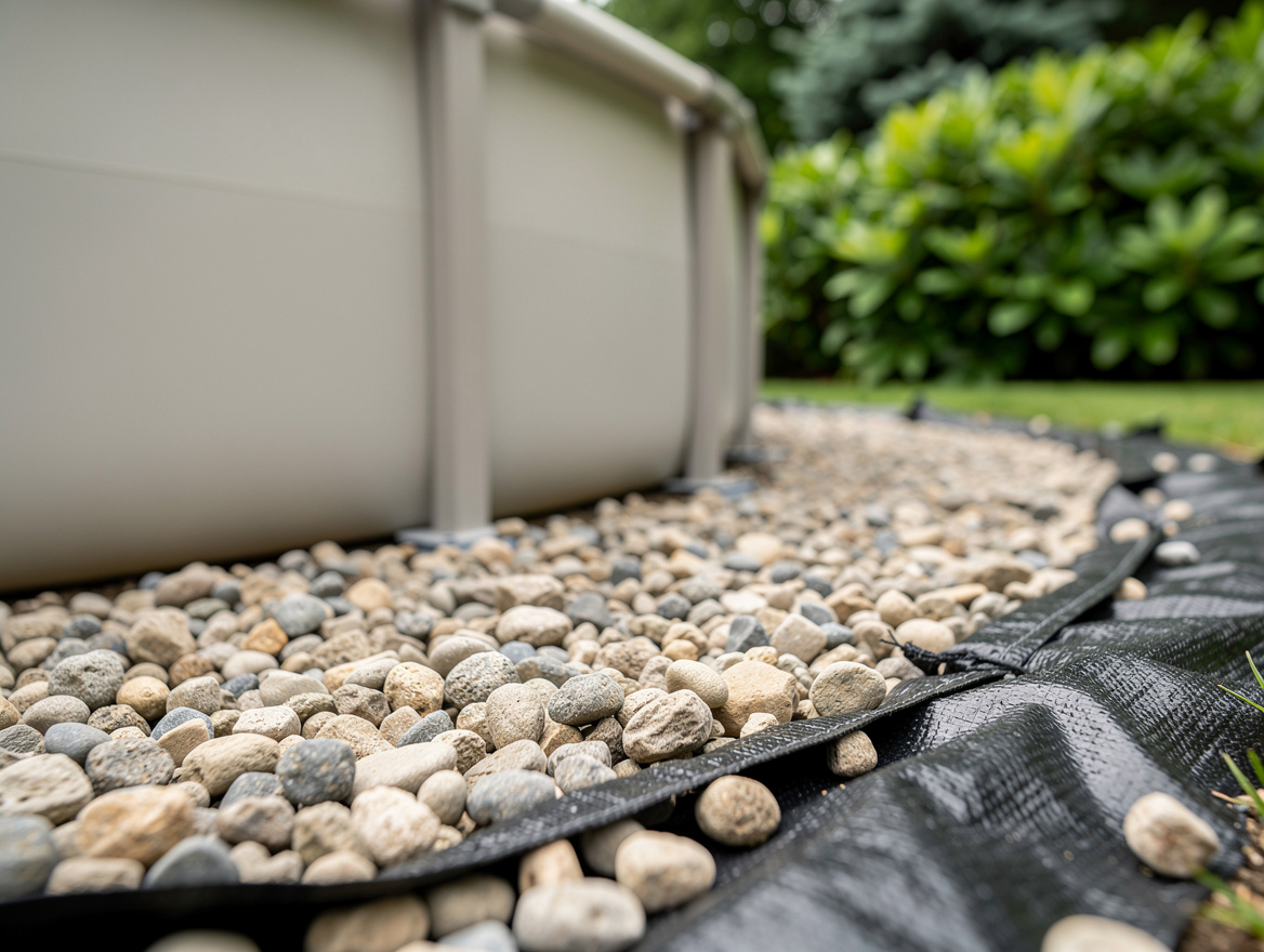 close-up detail of pea gravel and weed barrier fabric at base of above-ground po
