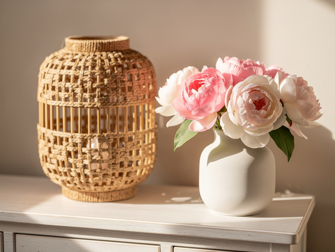 close-up detail of woven bamboo lantern on whitewashed console, ceramic vase wit