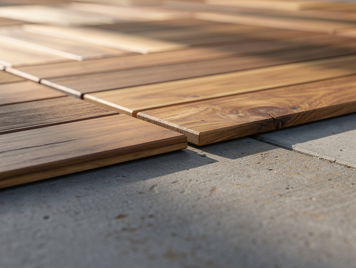 close-up detail of IKEA RUNNEN acacia deck tiles clicked together over gray conc