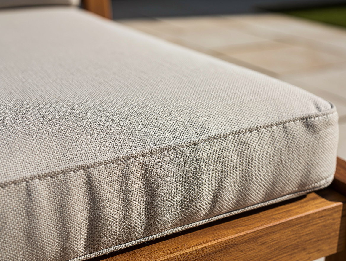 close-up detail of weather-resistant Sunbrella cushion texture on a teak lounge