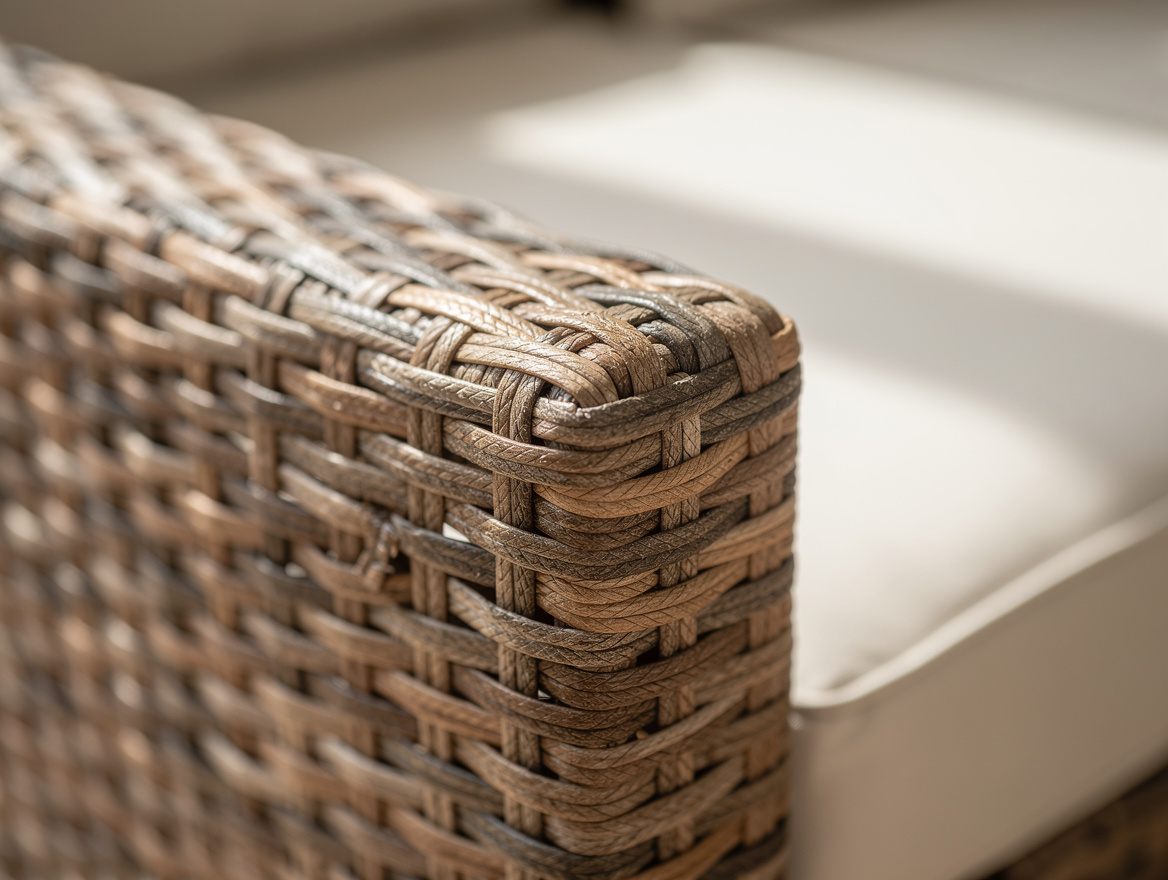 Close-up detail of HDPE wicker weave texture on daybed armrest, showing engineer