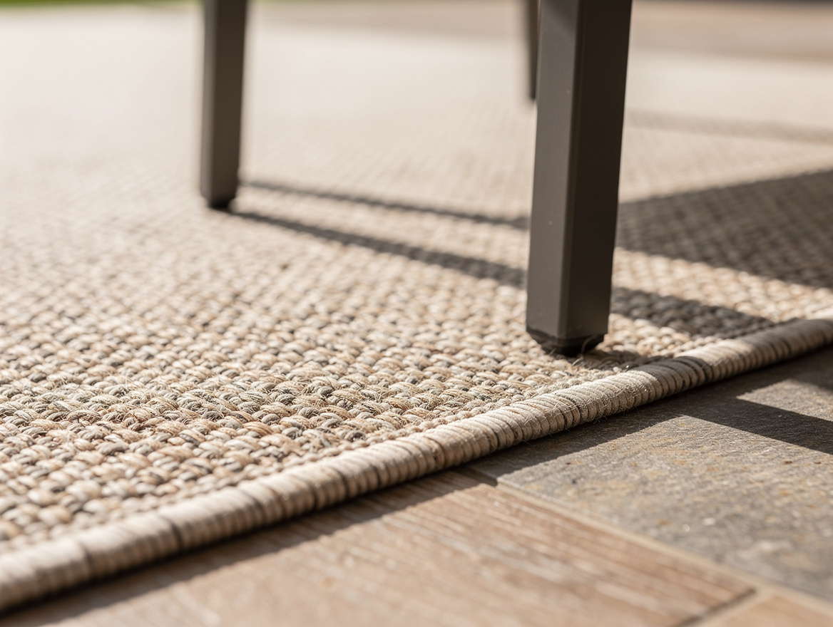 Close-up detail of a textured outdoor rug edge with polypropylene weave and furn