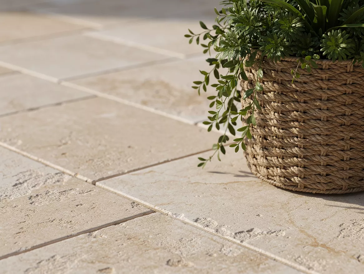 close-up detail of light limestone pavers with a seagrass planter and green foli