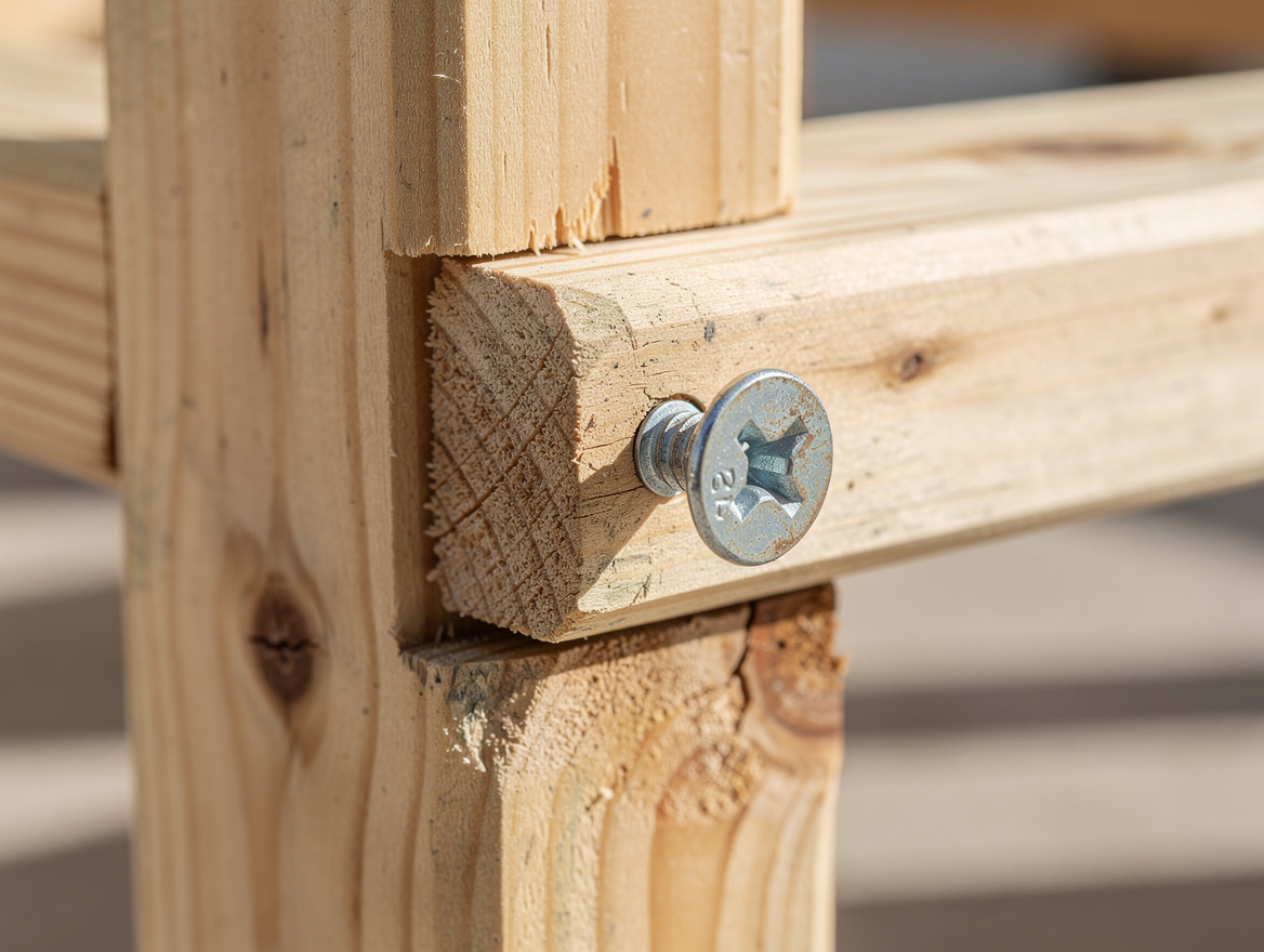 close-up detail of hand-screwed 2x4 frame joint with exterior screw head visible