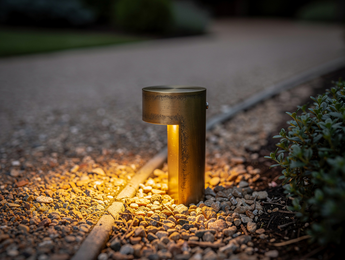 close-up detail of solid brass LED path light with warm 2700K glow on gravel wal