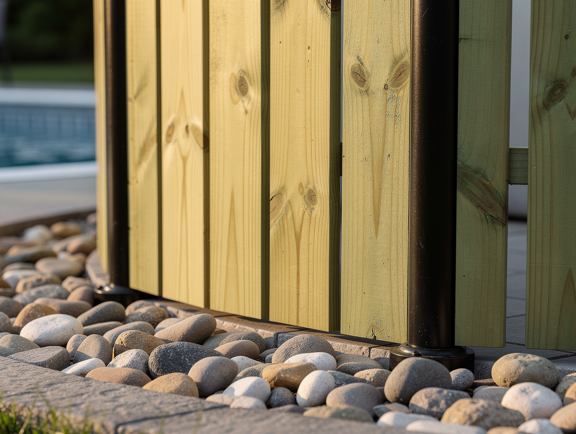 close-up detail of pressure-treated pine skirt slats and black-painted pool legs