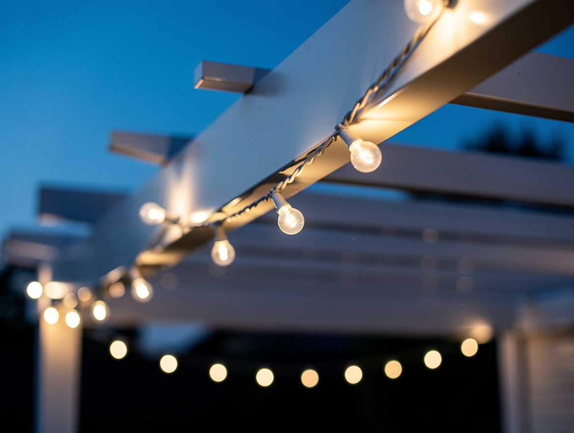 close-up detail of LED festoon string lights draped on powder-coated steel pergo