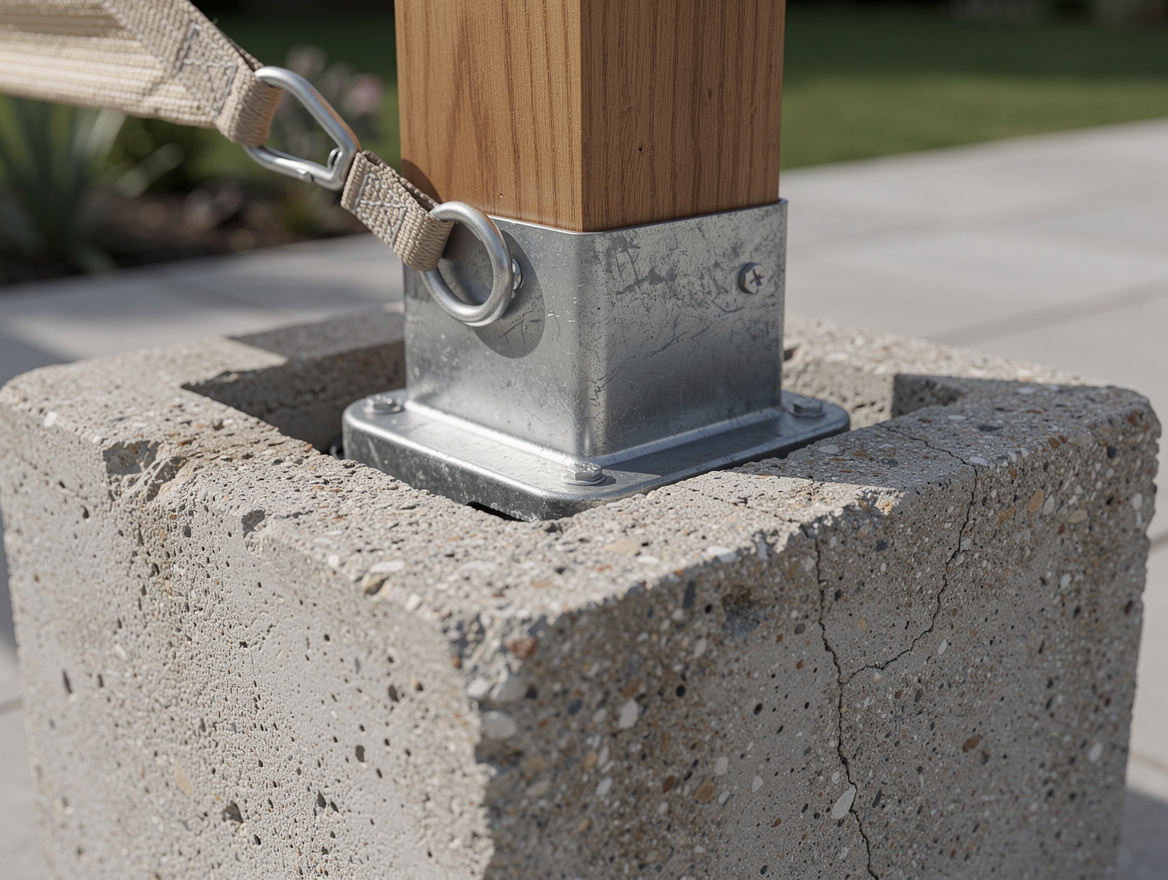 close-up detail of heavy concrete planter with steel sleeve holding a wooden pos