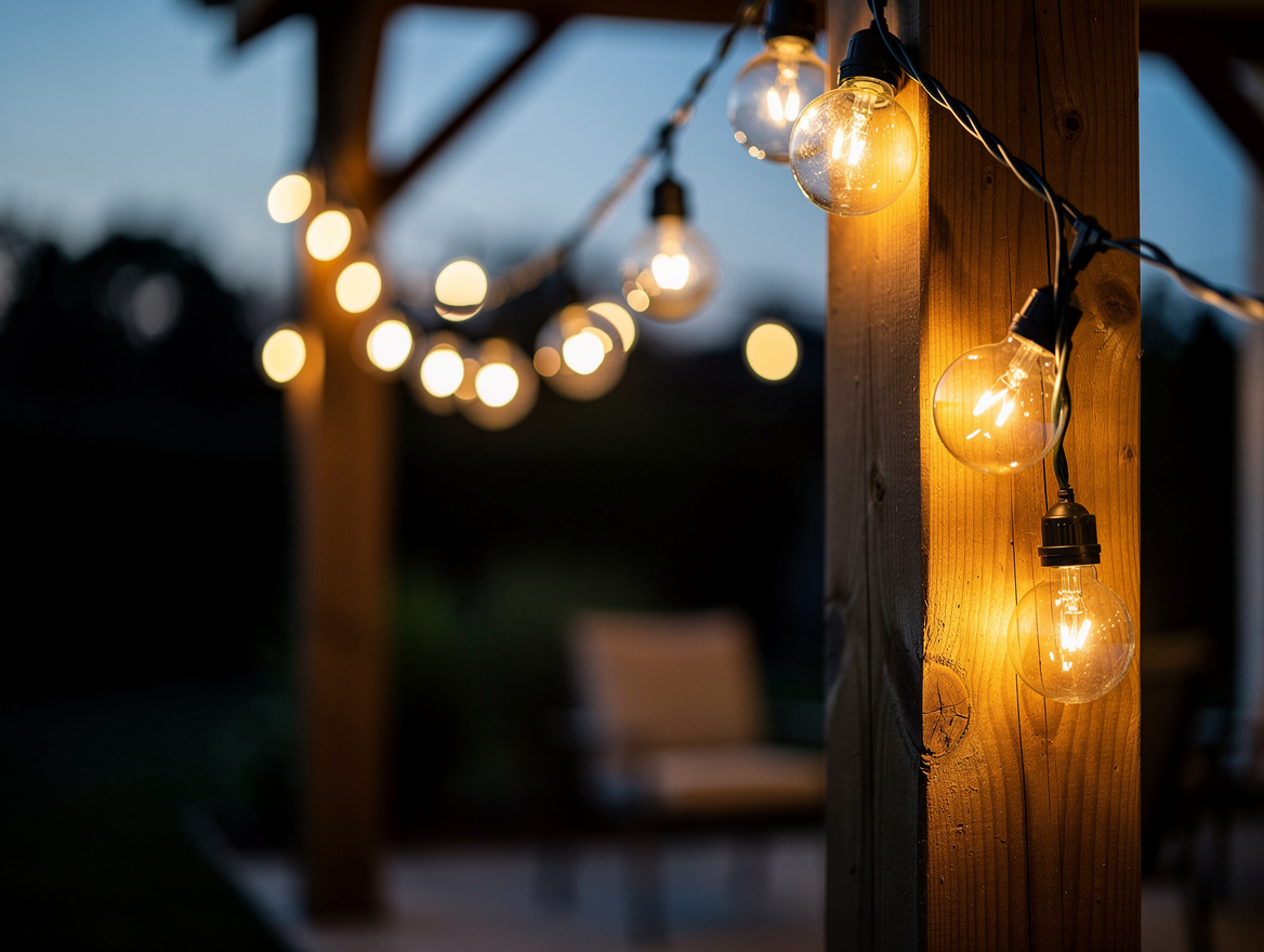 close-up detail of G40 globe string lights zigzagged between patio posts at dusk